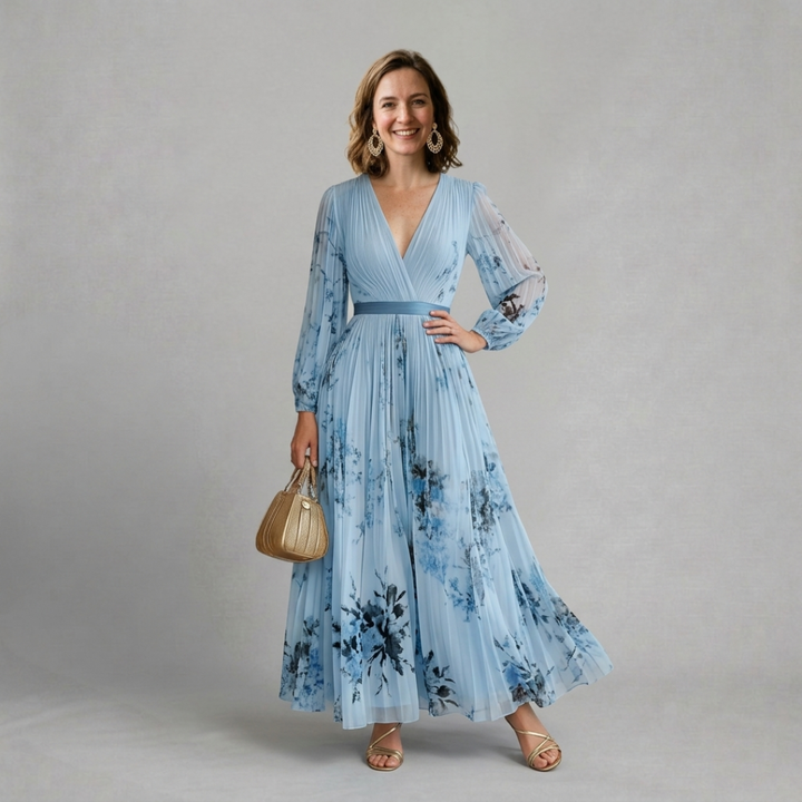 Elise – Elegant floral pleated maxi dress for graceful occasions