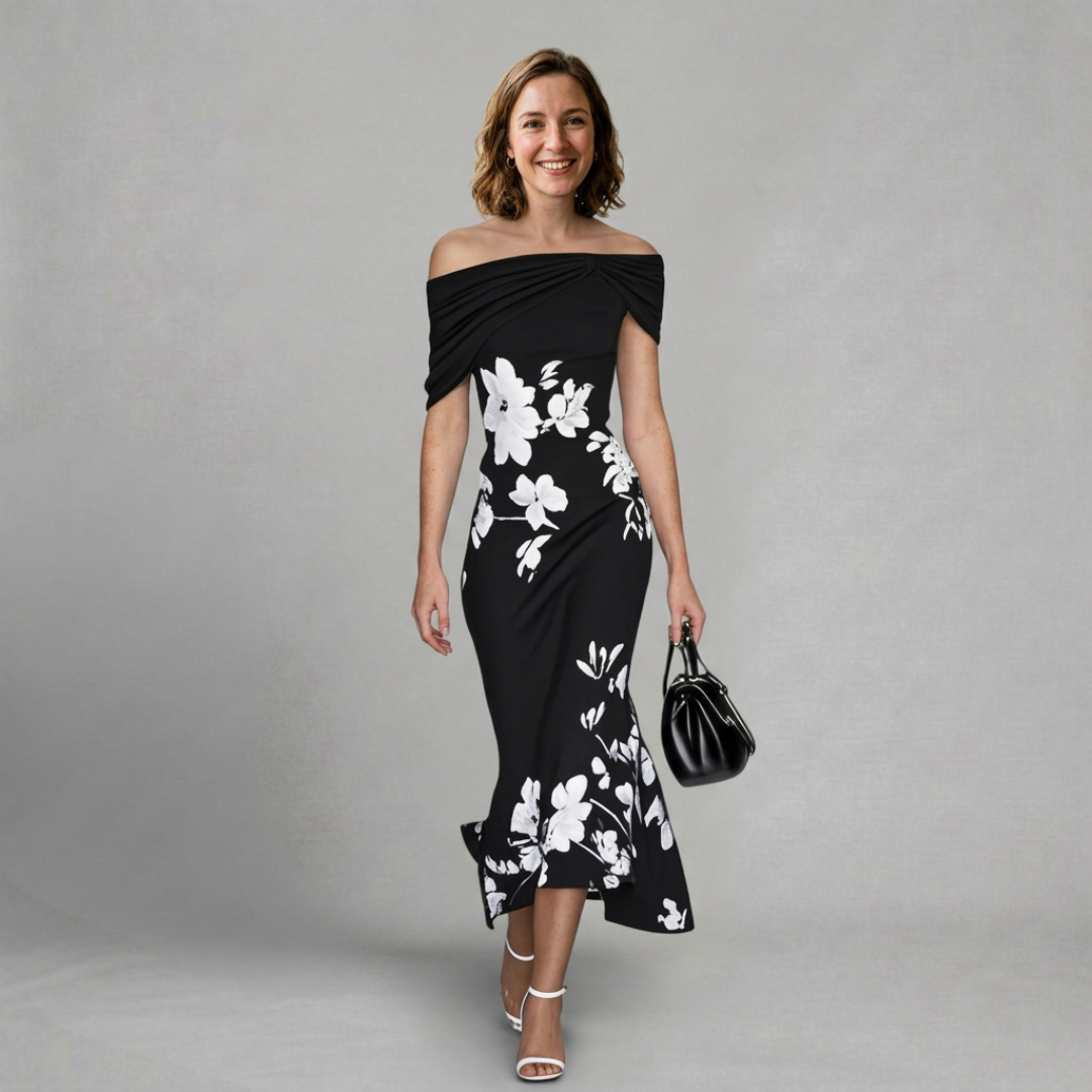 Isabel – Elegant off-shoulder floral midi dress for special occasions