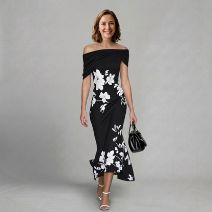 Isabel – Elegant off-shoulder floral midi dress for special occasions