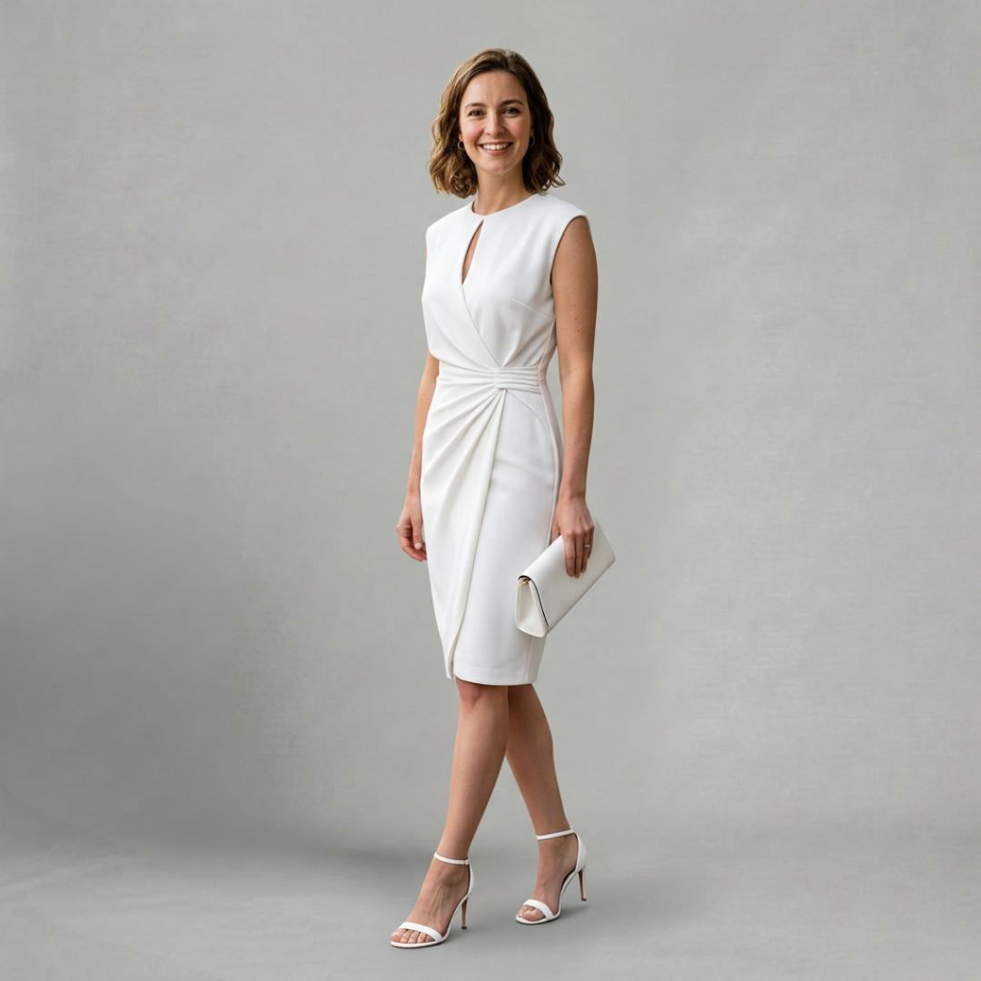 Amelia – Elegant sleeveless midi dress with flattering draped detail