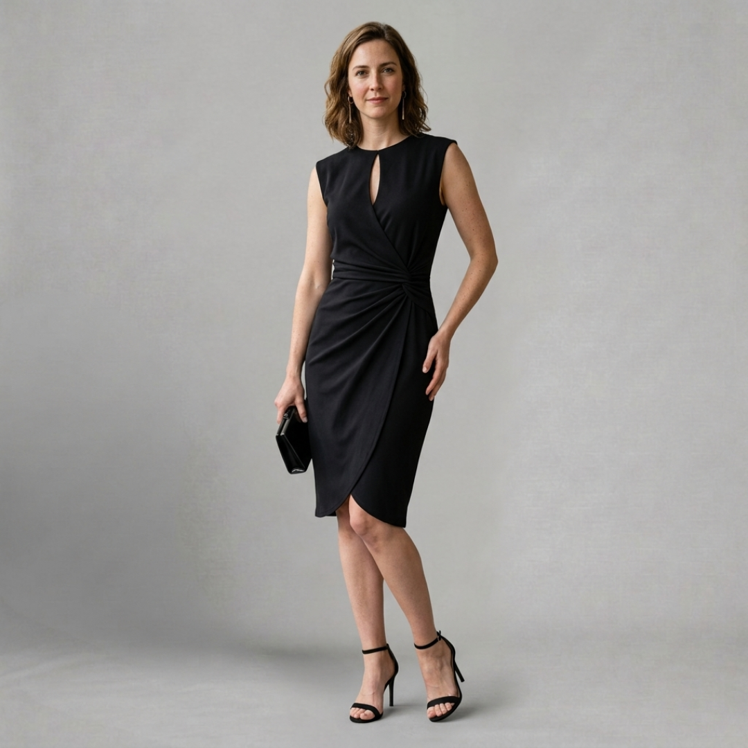 Amelia – Elegant sleeveless midi dress with flattering draped detail