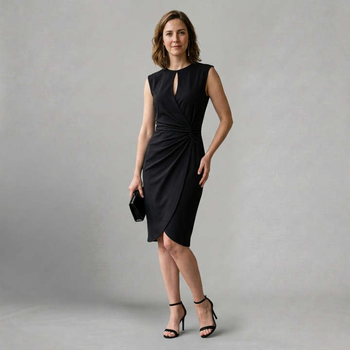 Amelia – Elegant sleeveless midi dress with flattering draped detail