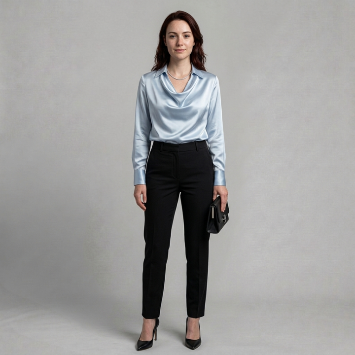 Charlotte – Elegant satin blouse with graceful draped neckline