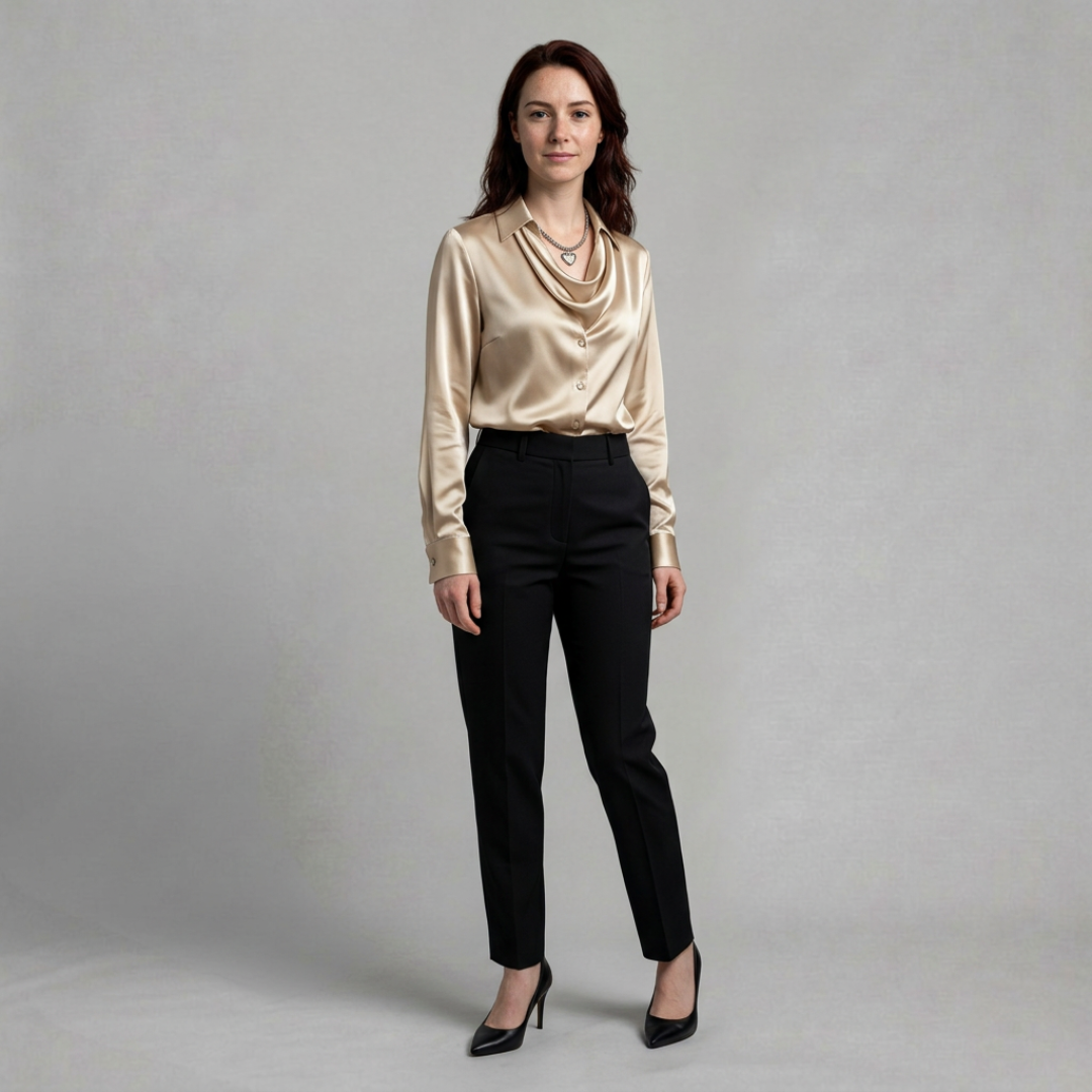 Charlotte – Elegant satin blouse with graceful draped neckline