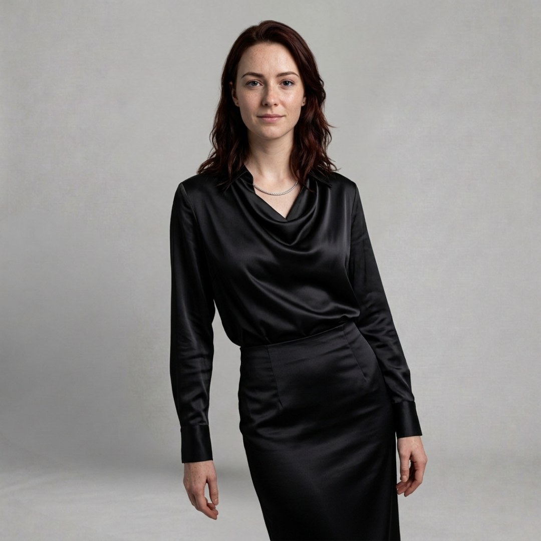 Charlotte – Elegant satin blouse with graceful draped neckline