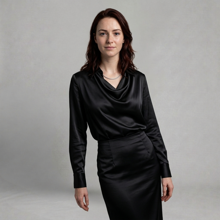 Charlotte – Elegant satin blouse with graceful draped neckline