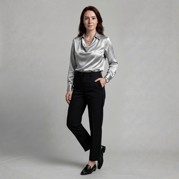 Charlotte – Elegant satin blouse with graceful draped neckline