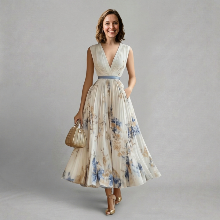 Elise – Elegant floral pleated maxi dress for graceful occasions