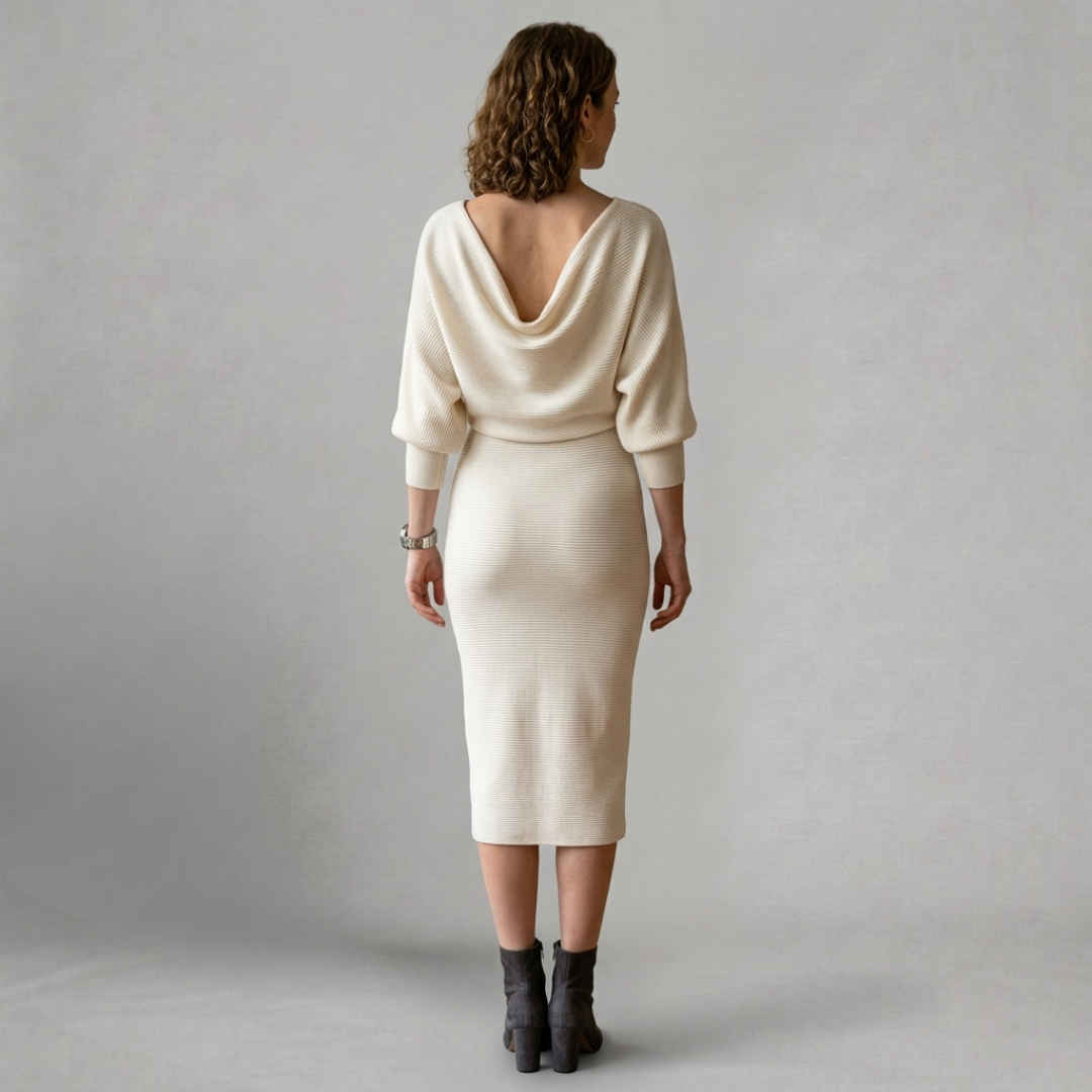 Sophia – Elegant knitted midi dress with relaxed batwing sleeves