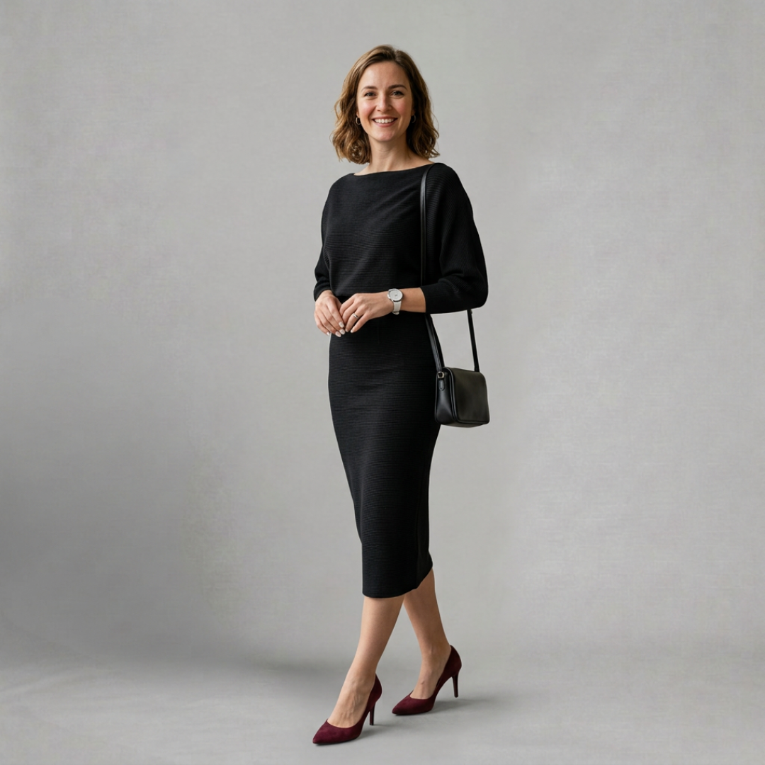 Sophia – Elegant knitted midi dress with relaxed batwing sleeves
