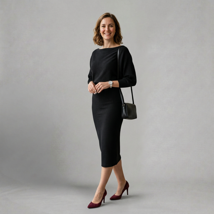Sophia – Elegant knitted midi dress with relaxed batwing sleeves