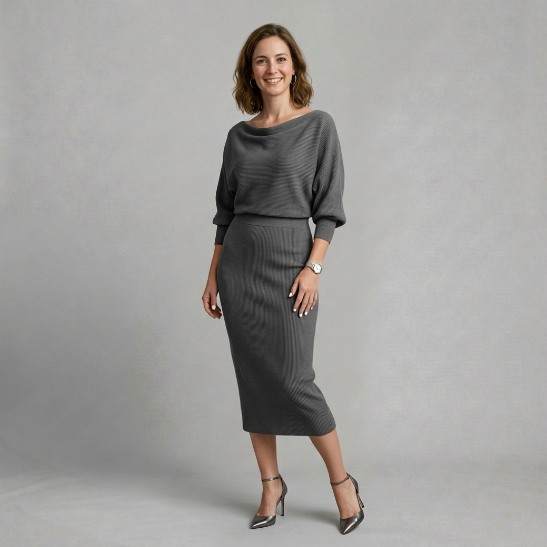 Sophia – Elegant knitted midi dress with relaxed batwing sleeves